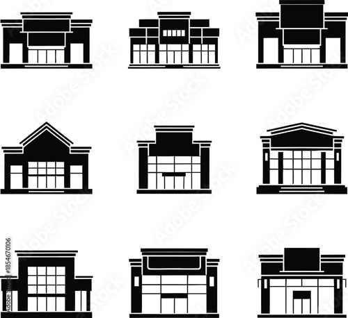 Modern commercial building storefront silhouettes vector set