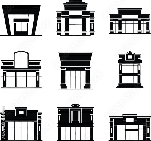 Modern commercial building storefront silhouettes vector set