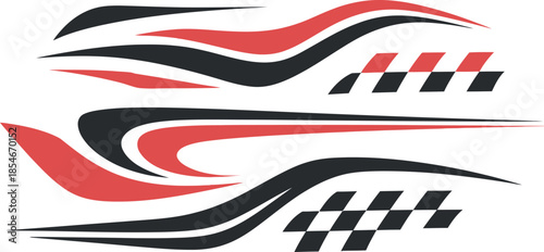 Abstract Racing Car Wrap Design Vector. Red and Black Vinyl Sticker with Checkered Flag