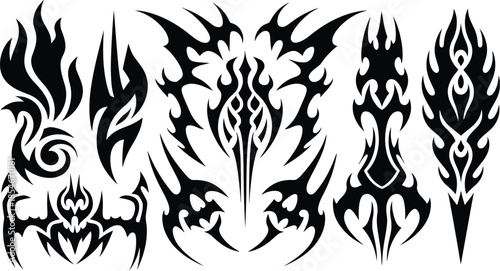 Tribal Tattoo Vector Design Set with Abstract Black Flame and Ornament Shapes