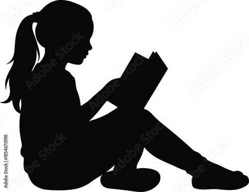 Black silhouette of a young girl with a ponytail sitting and reading a book, isolated on a white background, education