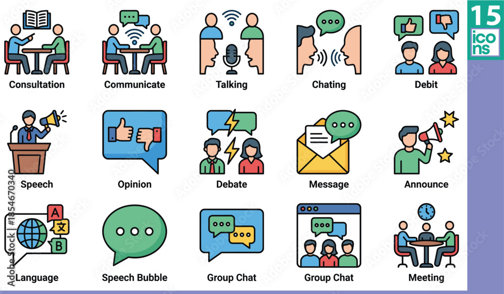 Fototapeta premium Communication icons, talking, chat, speech, opinion, debate, message, meeting, consultation, announce, language, group chat, empathy, advice, conversation, interaction, expression