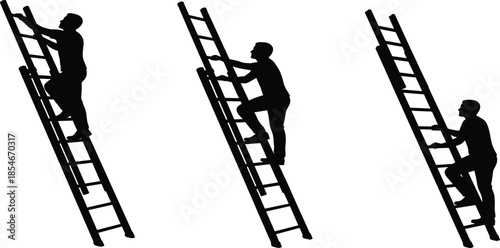 Black silhouettes of a man climbing up a ladder in three different progressive stages, isolated on a white background, construction.