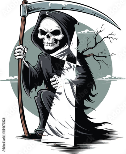 Grim Reaper With Scythe Crouching Against a Circular Background death skeleton