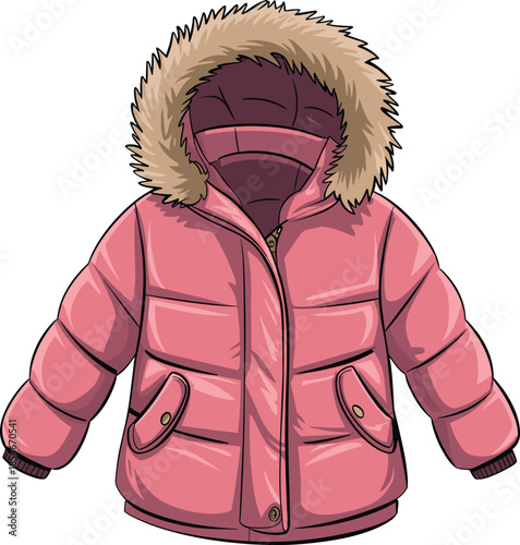 Pink Puffer Jacket with Fur Hood on White Background Keywords: jacket, coat, puffer, pink, fur, hood, winter, clothing, fashion