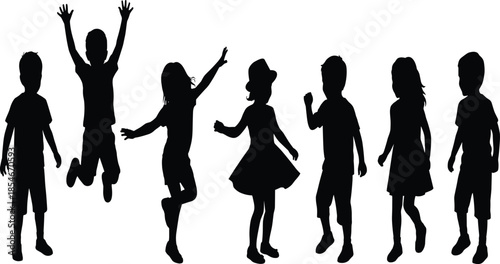 Black silhouettes of diverse young children jumping, dancing, and performing athletic action poses, isolated on a white background, childhood energy, fun.