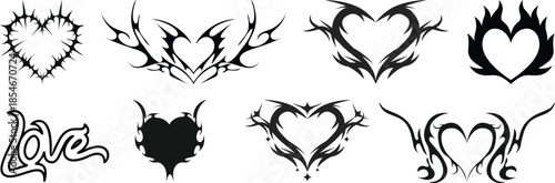 Heart tattoo Neo tribal set, gothic rock flame shape kit, vector u2k abstract love logo concept. Valentine punk retro sticker collection, neotribal web goth decoration. Stylised heart tattoo prints