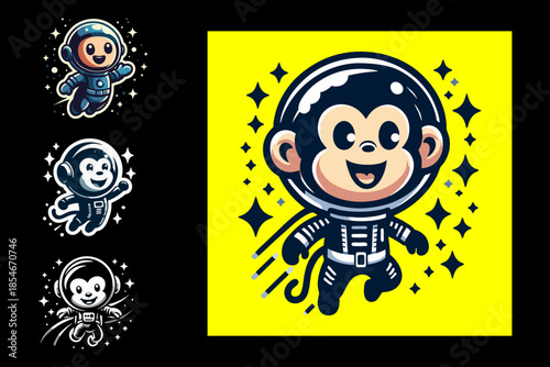 This is a monkey mascot logo dressed as an astronaut, suitable for company logo designs, children's toys, books, tissues, plastic, children's clothes, socks, balloons, screen printing, food packaging,