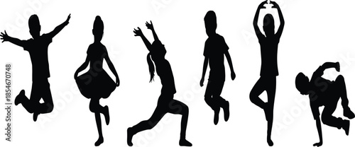 Black silhouettes of diverse young children jumping, dancing, and performing athletic action poses, isolated on a white background, childhood energy.