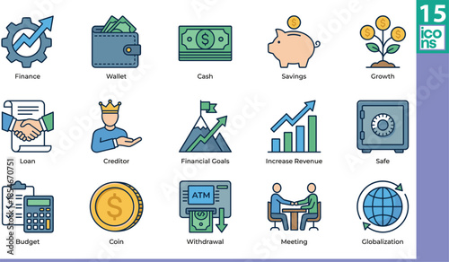 Finance icons, wallet, savings, cash, budget, earnings, loan, creditor, globalization, meeting, coin, financial goals, revenue, safe, withdrawal
