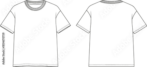 Blank t-shirt front and back technical sketch vector, apparel mockup template for fashion design, cad drawing flat illustration outline garment