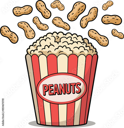 Red and white striped popcorn box overflowing with peanuts and more peanuts falling snack food