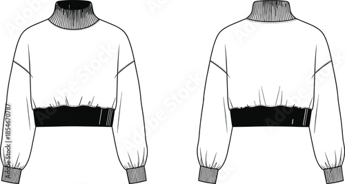 Cropped sweater fashion sketch, technical garment illustration, balloon sleeve design, ribbed knitwear drawing, front and back view, vector template