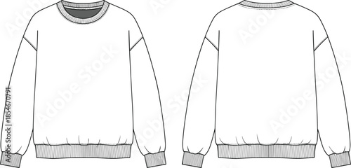 Crewneck sweatshirt sketch, fashion flat drawing, long sleeve top, ribbed cuff design, apparel vector template, cad garment illustration