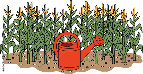 Red Watering Can in Front of Tall Corn Stalks on White Background Keywords: watering can, red, garden, gardening, corn, cornfield