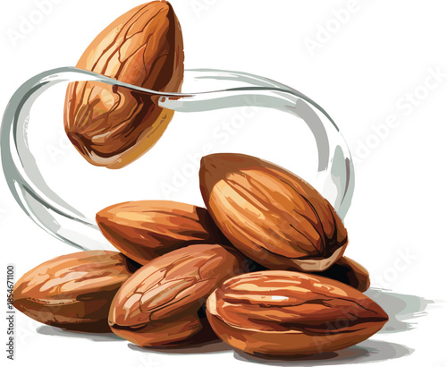 Scattered Almonds with a Curved Glass Element on White Background nuts food