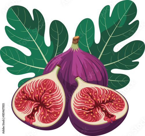 Ripe Purple Figs with Green Leaves on White Background Keywords: figs, fig, fruit, purple, ripe, fresh, sweet, healthy, food