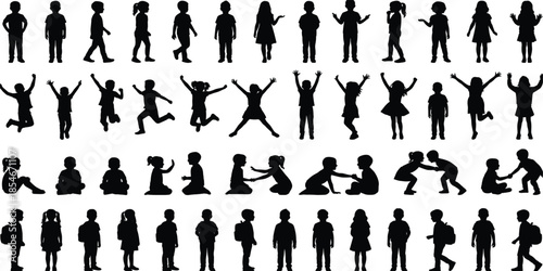 Black silhouettes of diverse young children jumping, sitting, playing together, and students walking with school backpacks, isolated on white background.