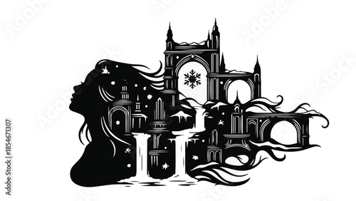Fantastical silhouette of a woman's profile filled with intricate gothic architecture and starry night sky