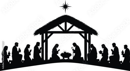 Nativity scene silhouette, Christmas manger illustration, holy family vector, religious holiday art, Bethlehem star, Christian tradition, black graphic, festive design