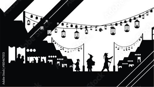 Silhouetted figures enjoy a festive marketplace under glowing lanterns at night