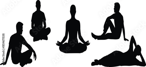 Black silhouettes of people in various sitting and lying poses, including yoga meditation, relaxed lounging, and peaceful resting, on white.