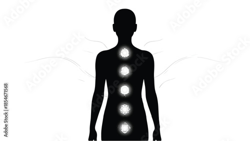 Silhouette of a person with glowing chakras representing energy flow and well-being