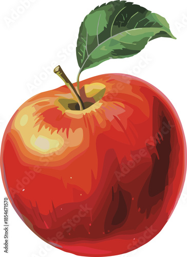 Vibrant Red Apple with Green Leaf Isolated on White Background Keywords: apple, red apple, fruit, healthy, food, fresh, organic