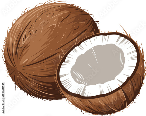 Whole and Halved Coconut with Fibrous Brown Husk and White Flesh on White Background Keywords: coconut, whole, halved, tropical