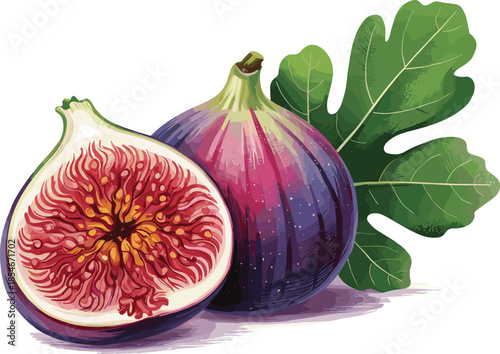 Whole and Halved Purple Fig with Green Leaf on White Background Keywords: fig, figs, fruit, purple, violet, ripe, fresh, healthy
