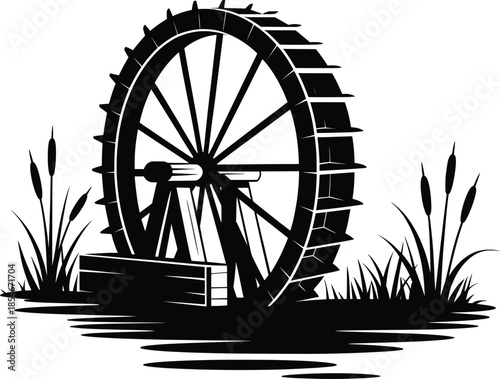 Vintage Wagon Wheel Grass Silhouette Vector Illustration.