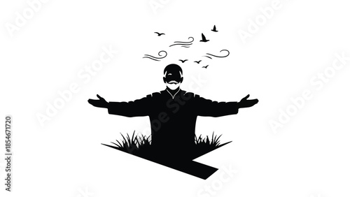 Man emerging from darkness with open arms, embracing freedom and nature with birds soaring above.