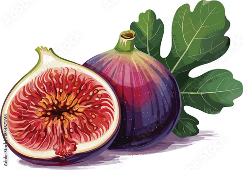 Whole and Halved Purple Fig with Green Leaf on White Background Keywords: fig, figs, fruit, purple, violet, ripe, fresh, healthy