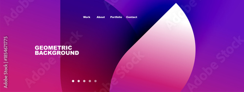 Abstract website header design. Vibrant pink, purple gradients dominate. Minimalist text, navigation present. Dots indicate sections.