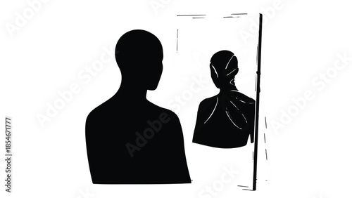 Silhouette of a person looking into a mirror, contemplating their reflection and inner self.