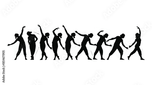 Silhouettes of diverse individuals in dynamic poses, showcasing movement and activity.