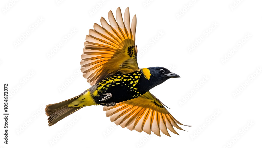 Obraz premium Yellow and black bird with outstretched wings in flight isolated on a transparent background feathers