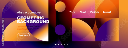 Abstract geometric background. Vibrant colors, gradients, shapes create modern design. Website header with navigation options visible.