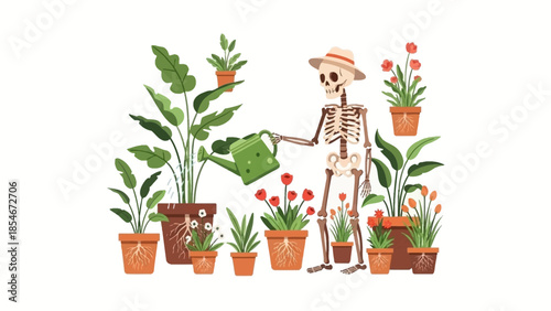 Humorous skeleton gardener caring for plants illustration. A whimsical graphic featuring a skeleton in a hat watering potted flowers and greenery, representing life and care