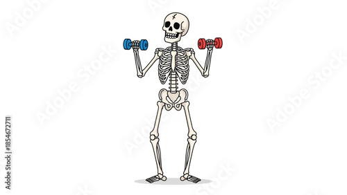 Skeleton Lifting Weights, Cartoon Skeleton Exercising with Dumbbells, Fitness and Health Concept Illustration