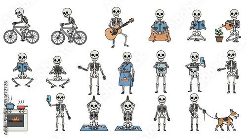 Vibrant vector illustration set of cartoon skeleton characters engaged in diverse daily activities and hobbies, showcasing various actions and poses for creative projects