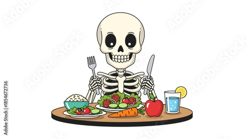 Whimsical digital art depicting a happy skeleton enthusiastically savoring a nutritious feast, promoting healthy eating habits and vitality through a unique illustration