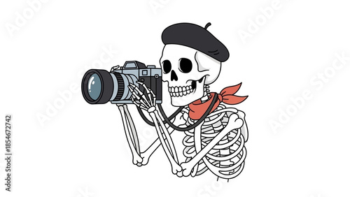 Skeleton photographer in a beret with a red scarf, holding a vintage camera, artistic and creative concept