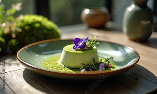 Matcha Panna Cotta with Edible Flowers and Green Tea Sauce.