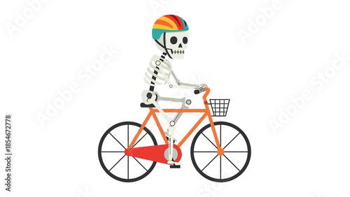 Skeleton Wearing Helmet Riding Bicycle with Basket on White Background
