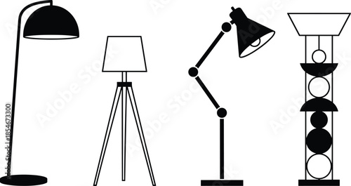 Collection of diverse floor lamps black silhouette vector illustration on transparent background.