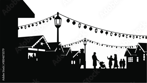 Charming silhouetted street scene with festive lights and families strolling at dusk
