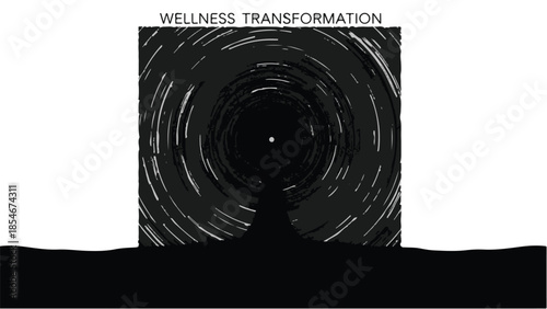 Abstract journey through dark swirling vortex toward bright light of transformation and wellness.