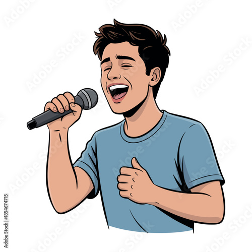 A young person enthusiastically sings into a microphone with their eyes closed.