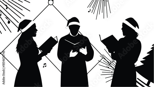 Silhouettes of three people singing Christmas carols in festive hats